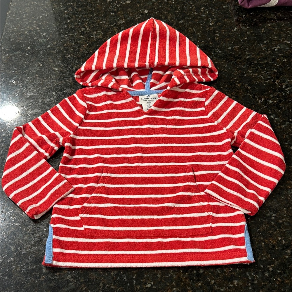 Caribbean Joe Kid’s Striped Terry Hoodie Sz 3T Red White With Blue Detail NWOT